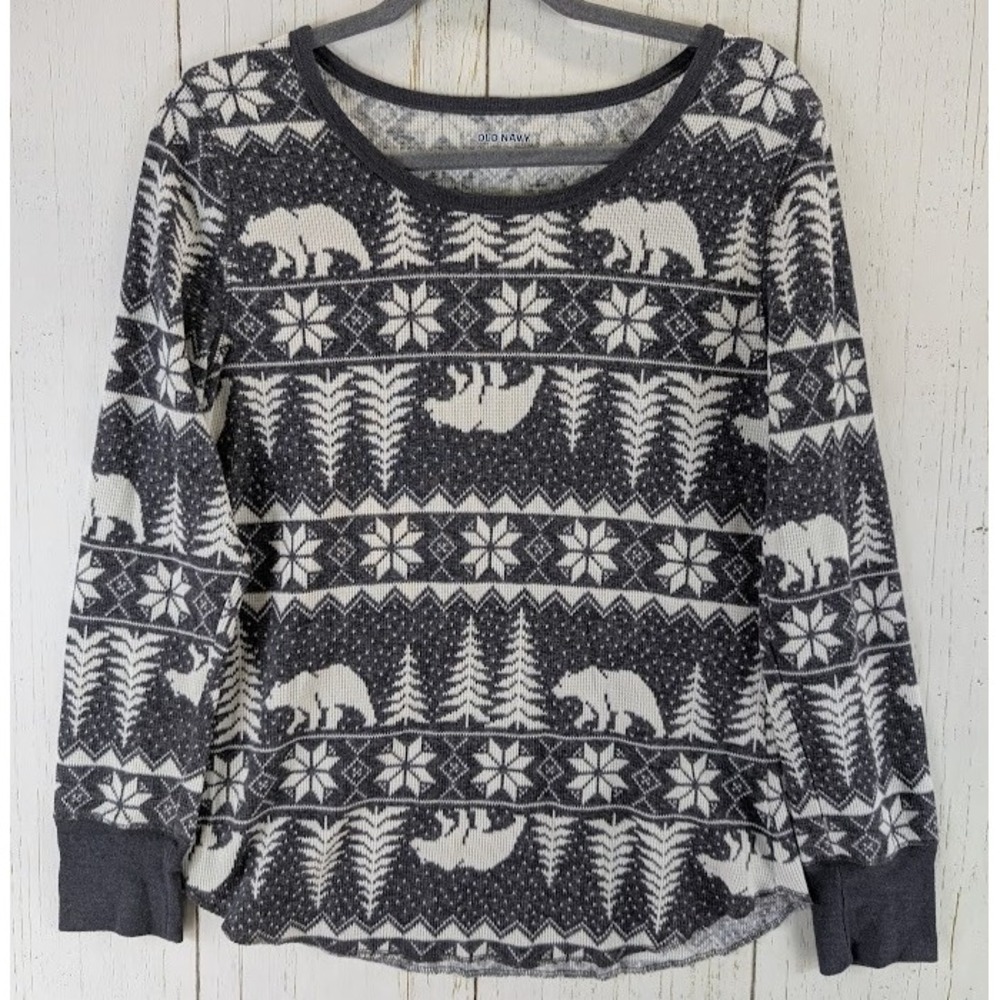 Old Navy Size Large Winter Black White Graphic Snowflake Long Sleeve Pajama Top